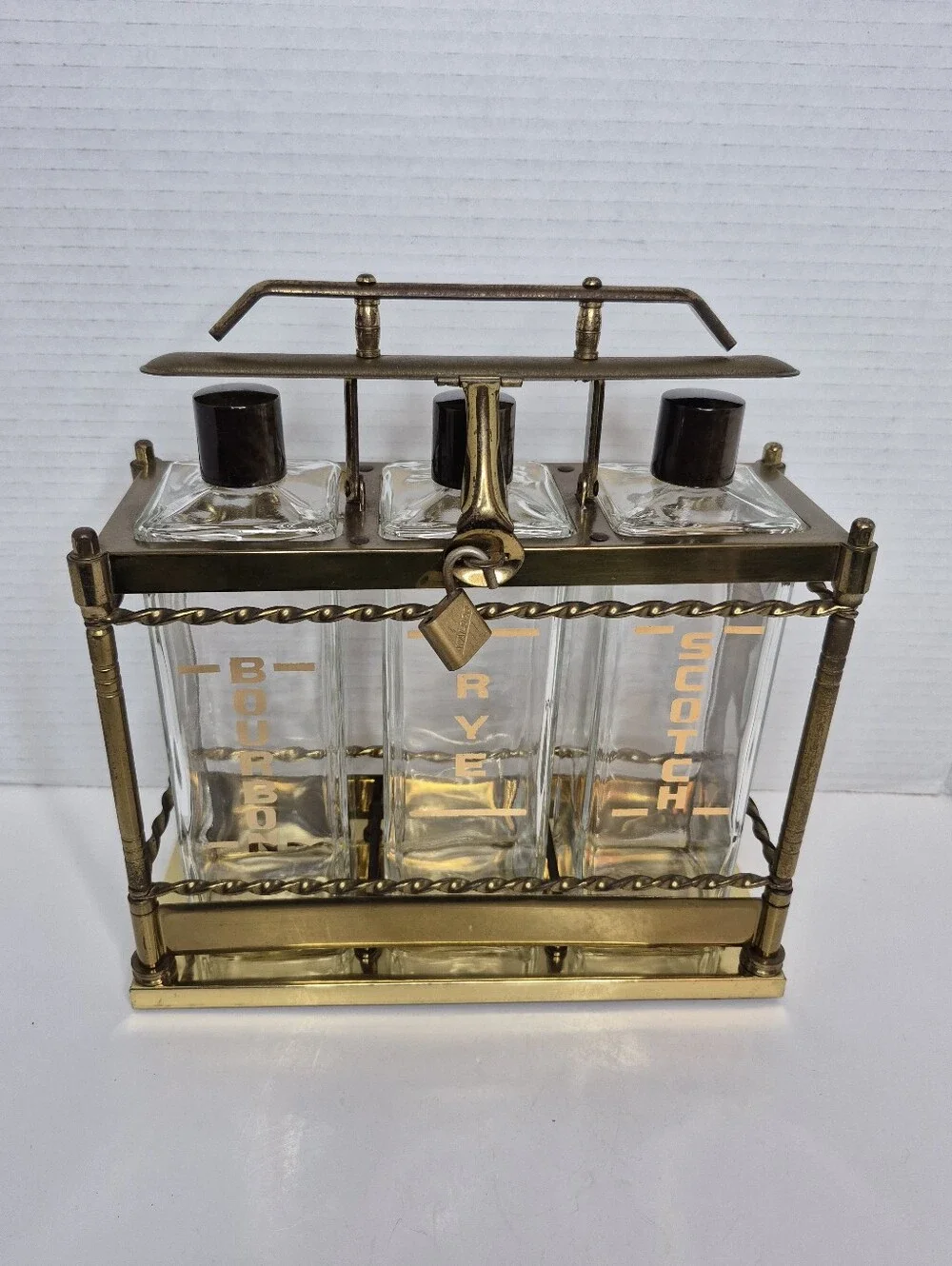 Vintage Tantalus Decanter Set Mid Century Modern Bar Caddy Liquor Glass Bottles